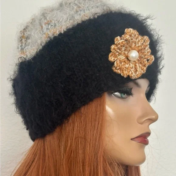 Hand Knits 2 Love Winter Hat Beanie Mohair Look Flower Pearls Designer Fashion - Picture 9 of 11
